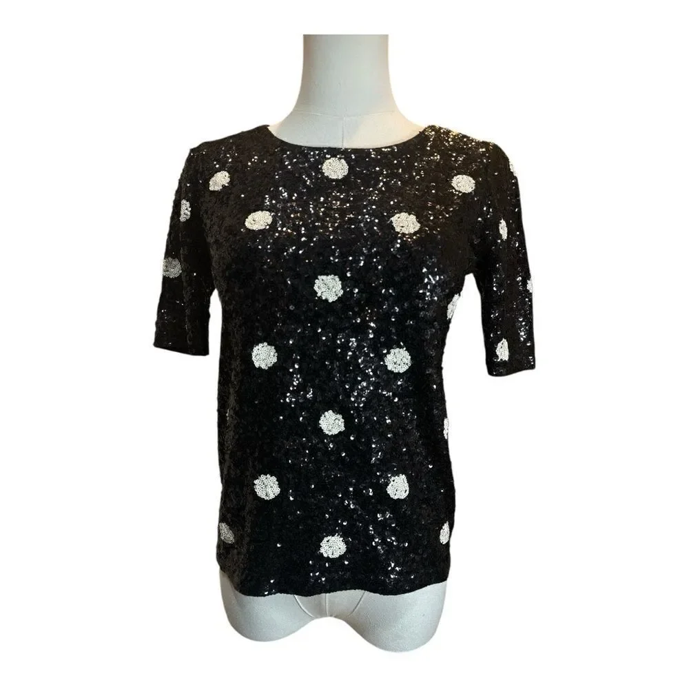 J. Crew XXS 100% Cotton Sequin Polka Dot Short Sleeve Top Party Blouse NWT Black